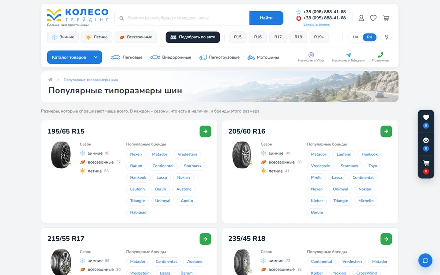 Страница популярных типоразмеров: сезоны в наличии и бренды под каждый размер